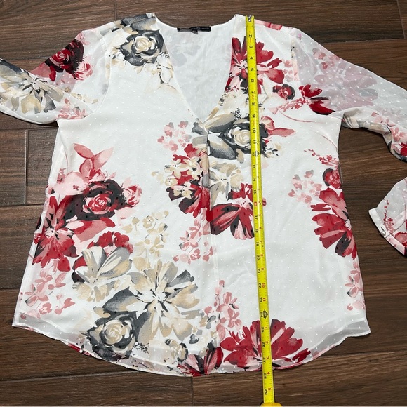 WHBM 14 Peasant Blouse V Neck Floral Long Sleeve White Black Red Tan - Picture 5 of 11